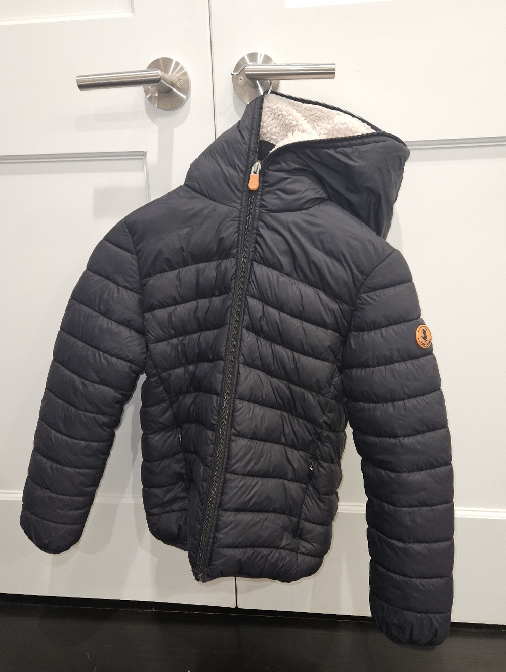 SAVE THE DUCK Kids Black Puffer Jacket with Sherpa Hood Trim